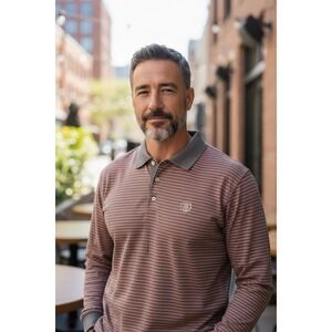 PETER MILLAR RUGBY STYLE SHIRT LONG SLEEVE RED GREY WHITE STRIPED LOGO Sz LARGE